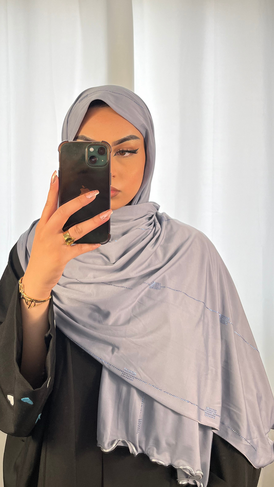 Hijab Jersey Premium de Luxe Frisé à Strass - Bleu Gris Foncé
