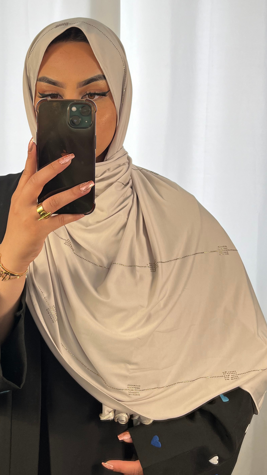 Hijab Jersey Premium de Luxe Frisé à Strass - Taupe Clair