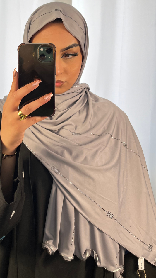 Hijab Jersey Premium de Luxe Frisé à Strass - Dark Silver