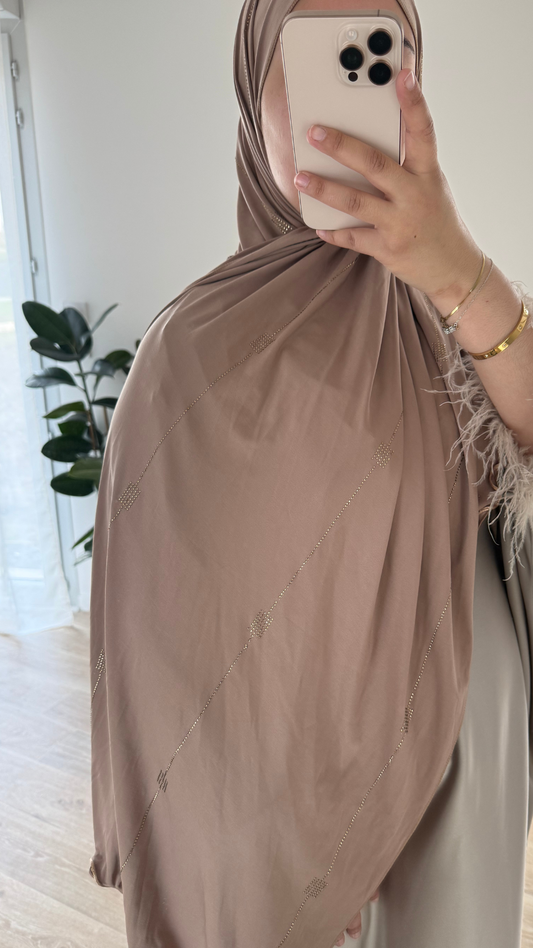 Hijab Jersey Premium de Luxe Frisé à Strass - Latte