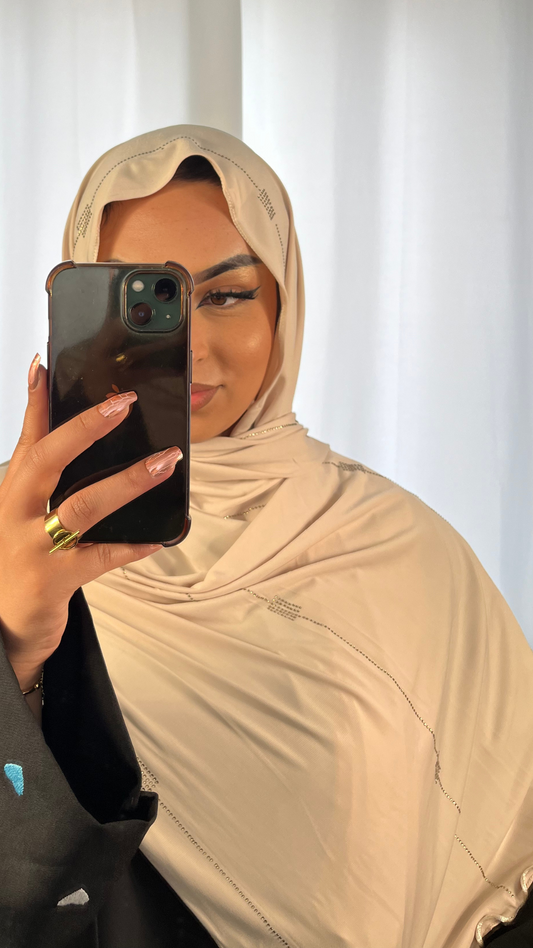 Hijab Jersey Premium de Luxe Frisé à Strass - Crème