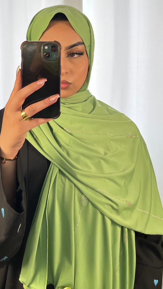 Hijab Jersey Premium de Luxe Frisé à Strass - Olive
