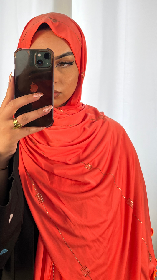 Hijab Jersey Premium de Luxe Frisé à Strass - Rouge Orangé