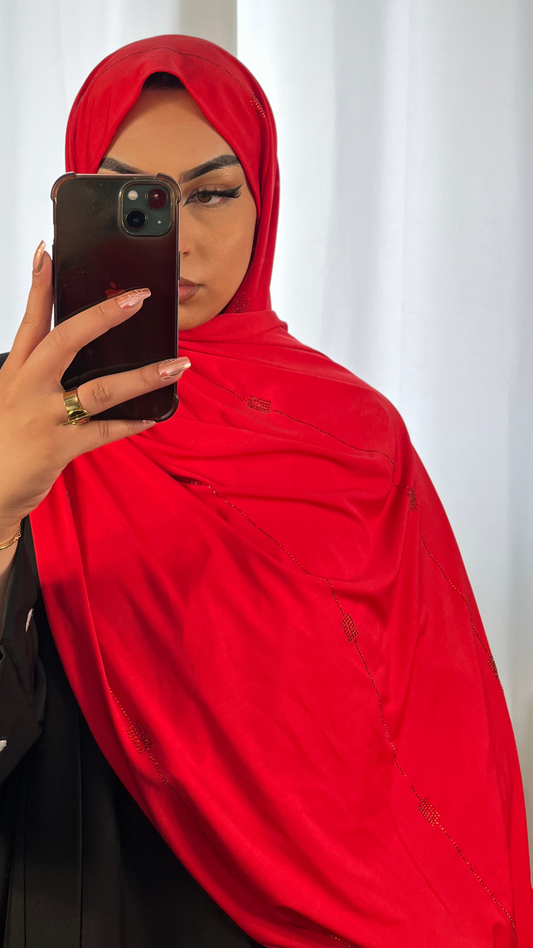 Hijab Jersey Premium de Luxe Frisé à Strass - Rouge