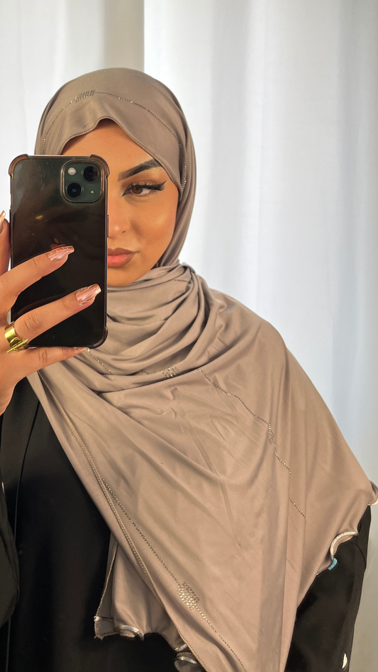 Hijab Jersey Premium de Luxe Frisé à Strass - Taupe Foncé