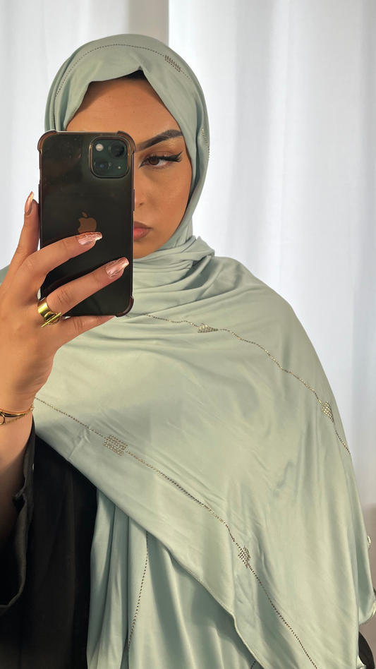 Hijab Jersey Premium de Luxe Frisé à Strass - Vert D'eau Clair